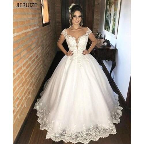 JIERUIZE Luxury Pearls Wedding Dresses 2021 Buttons Back Lace Appliques Beaded Bridal Wedding Gowns