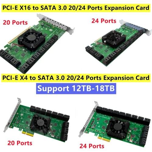 88SE9215 SATA PCI-E X4/X16 to SATA 3.0 20/24 Ports Expansion Card 6G/3G/1.5G SATA Hard Drives Adapter Card Converter Heat Sink