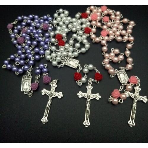 Catholic Jesus Cross Rosary Necklace Long 6mm Imitation Pearl Beads Chain Christian Religious Virgin Mary Pendant Necklaces
