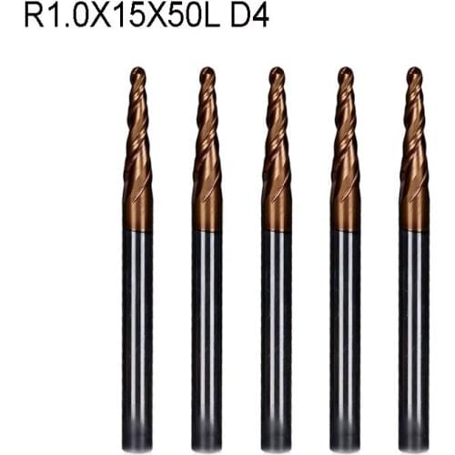5pcs/lot R1.0*D4*15*50L*2F solid carbide 6mm Ball Nose Tapered End Mills router bits cnc taper wood metal milling cutter