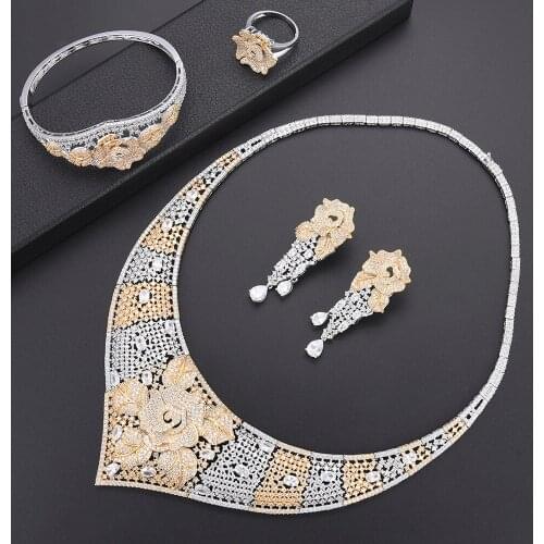 LARRAURI Luxury Full Cubic Zirconia Jewellry For Women Charms Trendy Statement Flower Necklace/Bangle/Ring/Earrings Jewelry Sets