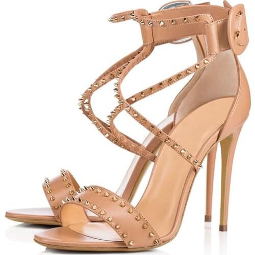 Summer Woman Crossed Rivets Straps Sandals Stiletto Heel Female Ankle Buckle Peep toe High Heels Cutouts Party Heels Shoes