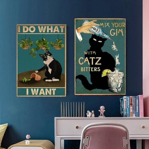 Mental Black Cat Poster I Do What I Want Canvas Painting Art Print Vintage Mix Your Gin Funny Bathroom Garden Home Decoration
