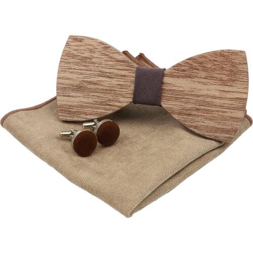 Handmade 100% Wooden Bow Tie Set Soft Microsuede Pocket Square Cufflinks For Men Wedding Party Bowtie Butterfly Hanky 3 pcs Lots