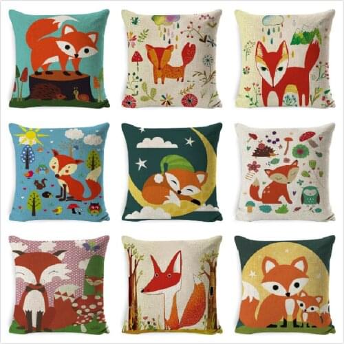 Nordic Pillow cover lovely animal fox Decorative Cushion Cover Cartoon Linen Throw Flower Pillow case 45x45cm housse de coussin