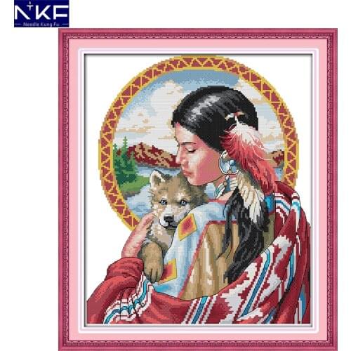 NKF Indian Girl Pattern DIY Needlework Counted China Cross Stitch Kits for Embroidery Cross Crafts Cross Stitch Sets