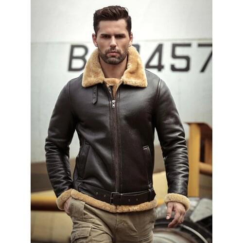 2019 New Shearling Coat Mens Brown B3 Bomber Jacket Leather Jacket Mens Winter Coats Fur Jacket Sheepskin Coat