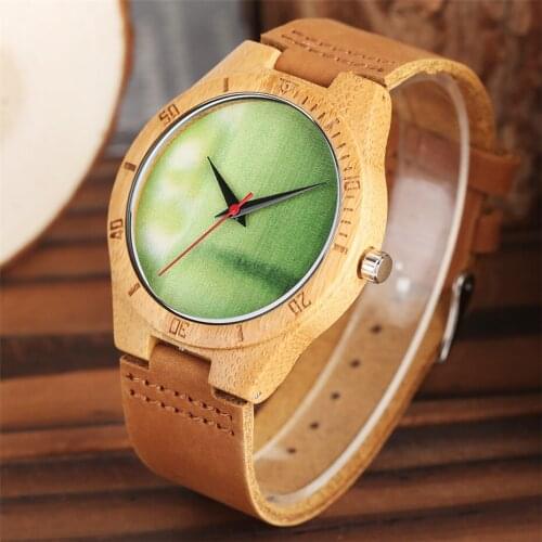 Novel Green Mens Watch Quartz Wooden Clock Analog Display Casual Fashion Men Women Genuine Leather Watches Top Gifts Items reloj