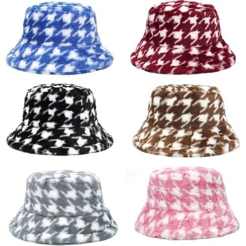 Womens Houndstooth Faux Fur Bucket Hat Bob Men 2021 Retro Autumn Winter Warm Panama Hat Outdoor Streetwear Female Fishermen Cap