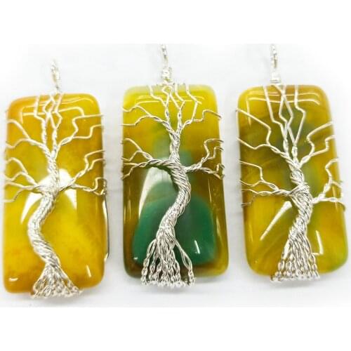 Hot Selling Natural Agate Gradient Rectangular Wire Wrapped Pendant Tree Of Life Pendants For Necklace Sweater Chain Size55x12mm