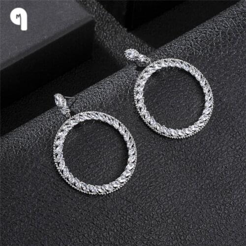 QM Exquisit 18K Gold Sliver Plated Round Wedding Dangle Earrings AAA Bling Cubic Zircon Drop Earring for Women Valentine Gifts