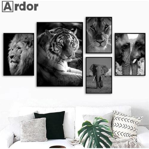 Modern Lion Tiger Leopard Elephants Wildlife Wall Art Poster Animal Art Print Black And White Canvas Painting Nordic Home Decor