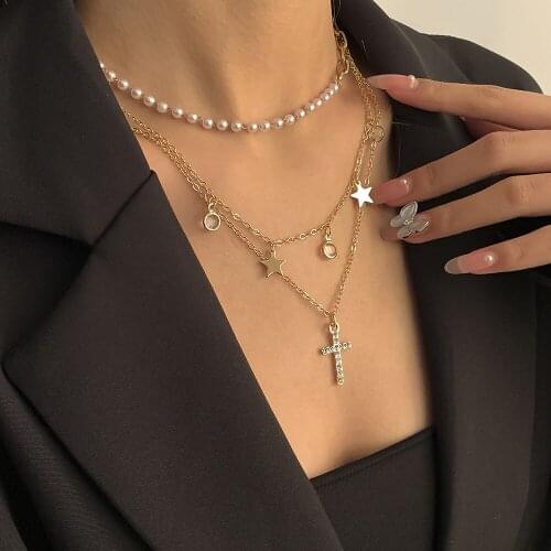 Trend Kpop Multilayer Crystal Cross Pendant Necklace Gold Metal Star Imitation Pearl Choker Necklace For Women Charm Jewelry