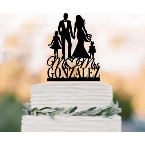 Customized wedding cake toppers bride and groom two daughter family silhouette Wedding Cake topper with girls