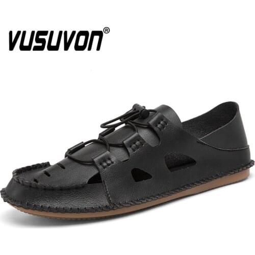 Men Natural Leather Shoes Casual Sandals & Slipper Beach Spring Summer Fashion Black Vintage Classic Breathable Male Loafers