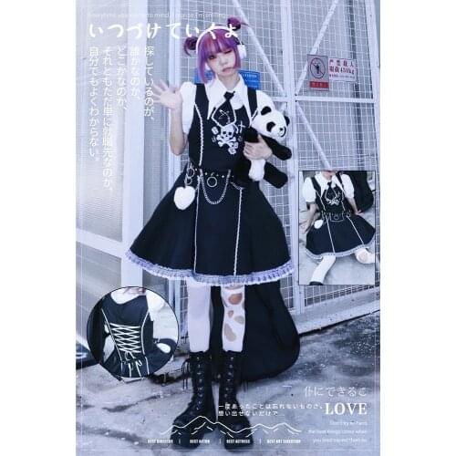 Japanese Lace Dress Harajuku Harajuku Punk Metal Dark Skull Black Dresses Summer Kawaii Sleeveless Fashion Cute Sling Skirt