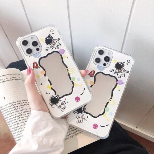 Funny Astronauts Mirror Case For Iphone 12 11 Pro Max X Xr Cute Spaceman Travel Air Bag Protect Silicone For 7 8 Plus Xs Cover