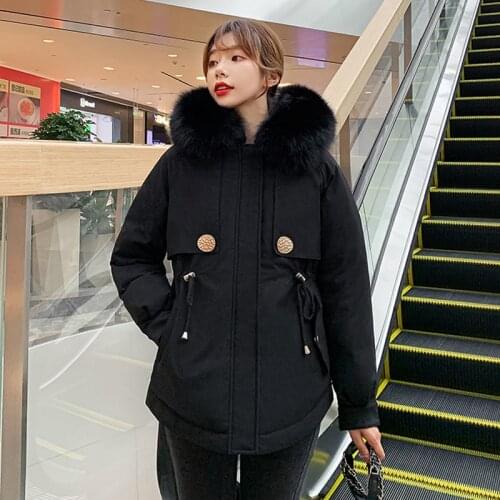 Women Winter Jacket Coats Fur Collar Parkas Wool Oversized Hooded Warm Cotton Padded Casual Thick Drawstring Ladies Outerwear
