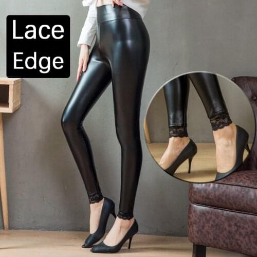 Women Lace Ankle PU Faux Leather Leggings Latex Sexy Slim Skinny Fleeece Pants Winter Warm Stretch Seamless Trousers Jeggings