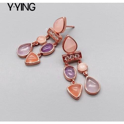 Y.YING natural Rose Quartzs Amethysts Pink Aventurine rose gold color plated Stud Earrings office style for women