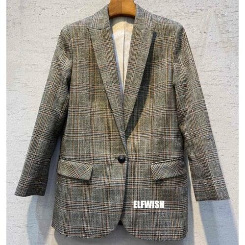 Woman Striped Checked Blazer Single Button Long Sleeves Flap Pocket Fashion Plaid Suit High Quality 2022FW