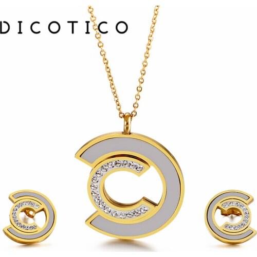 Cuff Round Jewelry Set For Women Shell Zircon Double C Women Choker Stainless Steel Chain Pendant Necklaces Earrings Sets 2021