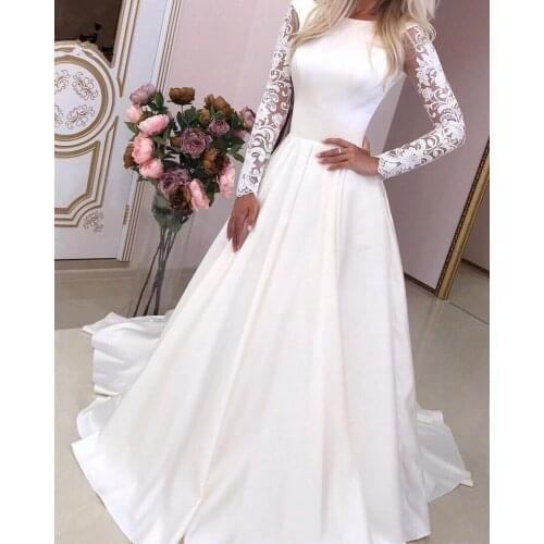 Elegant Satin Wedding Dresses Illusion Lace Long Sleeve Lace up Scoop Neck Simple Pleated Bridal Gowns 2021 Vestido de Novia