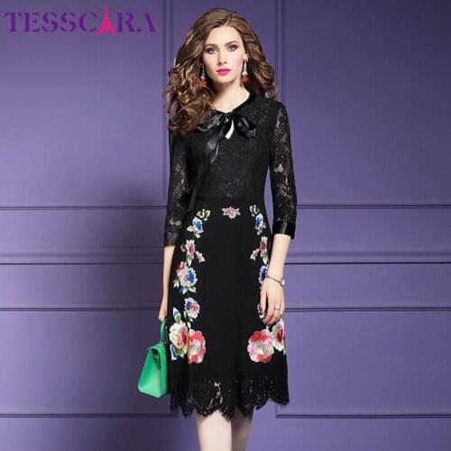 TESSCARA Women Elegant Embroidery Lace Dress Festa Female High Quality Floral Designer Office Party Vestidos Vintage Robe Femme