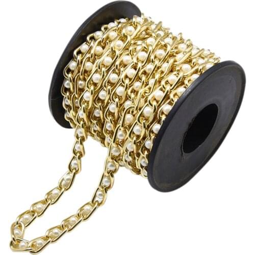 Golden Aluminium Curb Chains roll with ABS Plastic Imitation Pearl Unwelded Spool Link Chain for Bracelet DIY Jewelry Making 5m