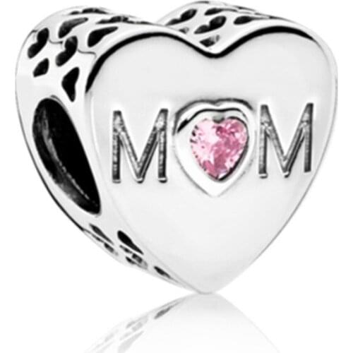 5PCS Fashion Two Colors Pink Crystal Mom Heart Shape Zinc Alloy Beads Fit DIY Style Bracelet Original Jewelry Making Charms