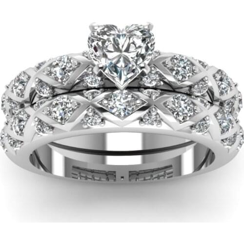 Carofeez Fashion Heart Rings Set for Women Accessories Silver Color Engagement Bride Zircon Wedding Band Jewelry Gift