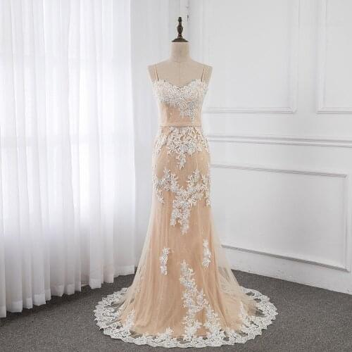 Elegant Nude Long Prom Dresses Mermaid Straps Lace Appliques Crystals Formal Evening Gown Party Dress