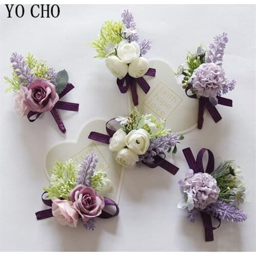Purple Groom Boutonniere Bridesmaid Wrist Corsage Pins Brooch Flowers Artificial Roses Groomsman Flower Marriage Accessories