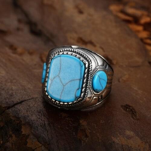 Classic Simple Turquoise Semi Precious Stone Ring Fashion Retro Mens Stainless Steel Ring Fashion Mens Nightclub Party Jewelry