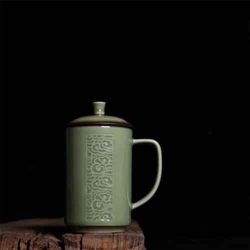 Coffee Mug Teacup 13.5oz Cup with Lid Microwave and Dishwasher Safe Chinese Porcelain Drinkware 400ml Engraved Cloud Ceramic