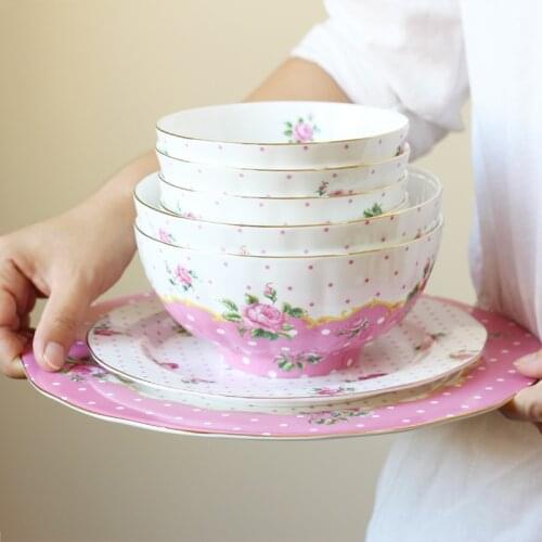 Round Polka Dots Ceramic Bowl Dinner Plates Tableware Ceramic Diome Food Dish Fruit Salad Soup Plate