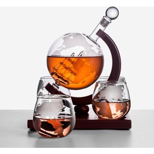 Globe Decanter Creative Glass Wine Bottle Container Whisky Champagne Beer Carafe Home Bar Drinkware Decanter Cup Wood Stand Set