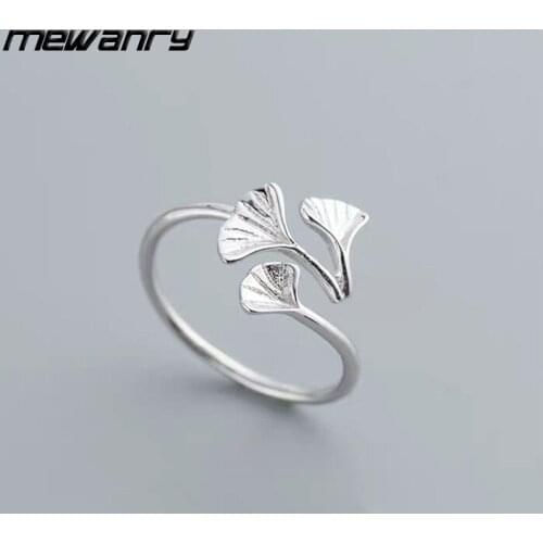 Mewanry 925 Sterling Silver Opening Ginkgo Leaf Rings Korean for Women INS Fashion Simple Design Party Jewelry Birthday Gifts