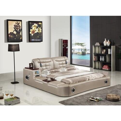 Real Genuine leather bed TV Soft Beds Bedroom camas lit muebles de dormitorio yatak mobilya quarto massage speaker bluetooth