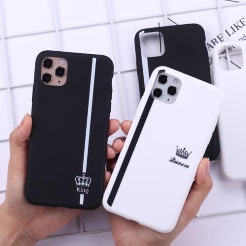 King Queen Crown Striped Lover Phone Cover For iPhone 12 11 Pro Max X XS XR Max 7 8 7Plus 8Plus 6S SE Soft Silicone Case Fundas