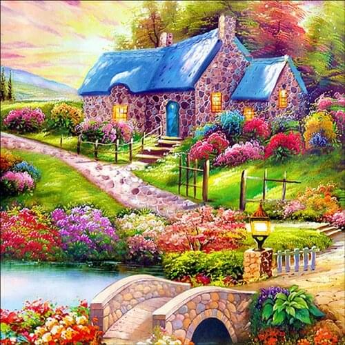 Beautiful Village Full Drill 5D Diamond Painting Colorful Trees House Flowers Bridge Road Embroidery Cross Stitch DIY Paint 2