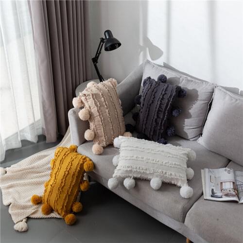 Cotton Linen Solid Plush Hair Ball Rectangle Pillowcase Nordic Hotel Bed Color Sofa Cushion Textured Geometric Square Cushion