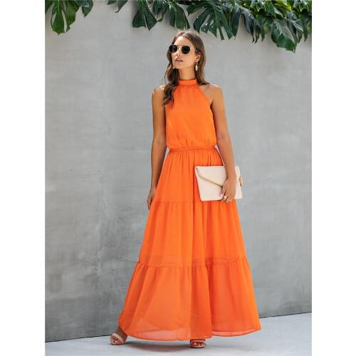 New 2021 Womens Summer Fashion Halter Pure Color Dress Elegant Style Ladies Swing Dress