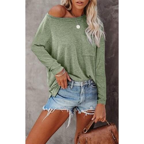 Solid Color Basic T shirt Women Long Sleeve Casual Fashion Pocket T Shirts New Autumn Loose Oversized Tops Side Split Women Tops