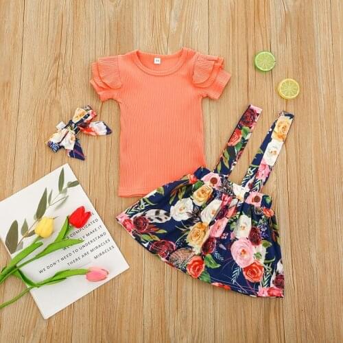 1-6Y Toddler Kids Baby Girl Short Sleeve Cotton T-shirt Tops Floral Suspender Skirt Headband 3PCS Girls Clothing Set