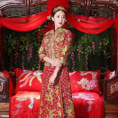 Gold and Red dragon gown Dress Spring Autumn Chinese style bridal evening dress show clothing Cantonese Embroidery