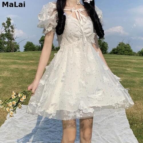 2021 New Kawaii Soft Girl Dress Women Cute Lively Sweet Lace Embroidery A-Line Dress Mori Girls Hepburn Puff Sleeve Midi Dresses