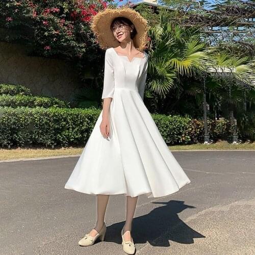 Special Occasion Dresses Vintage Square Collar Three Quarter Backless A-Line Luxury White Jersey Knee-Length Lady Prom Gown E851