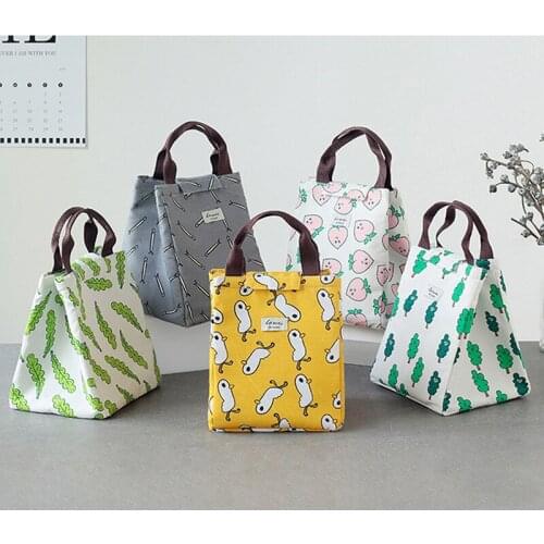 Cartoon Prints Portable Canvas Lunch Bag Large Capacity Container Thermal Insulated Cooler Bag For Women Men Kid Food Pouch Tote