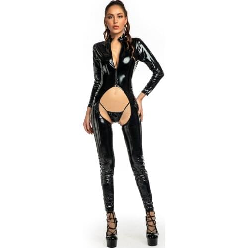 Sexy Wet Look PVC Catsuit Long Sleeve Open Crotch Bodysuit With Tanga Shiny PU Leather Jumpsuit Leotard Crotchless Clubwear Body